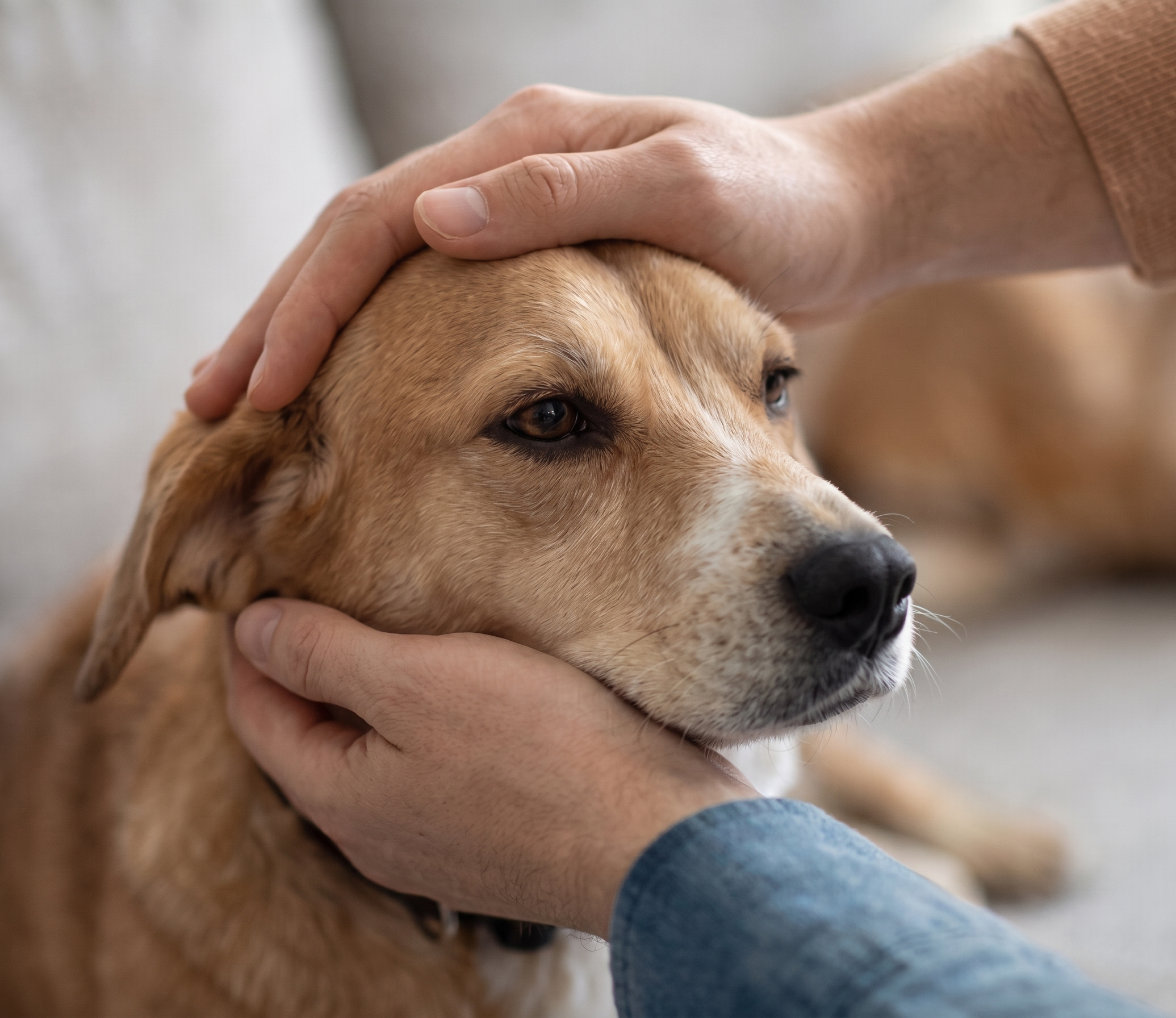 Hands petting brown dog indoor